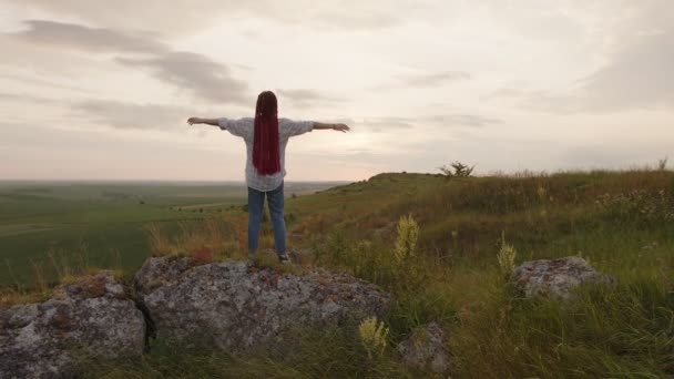 Zadní strana dívky na kameni zvedá ruce k nebi — Stock video