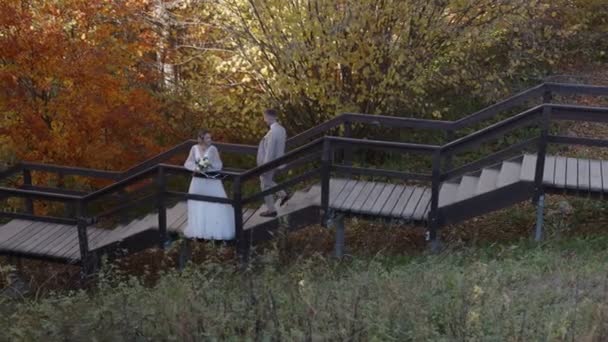 Stilvolles und zartes verliebtes Paar - Braut und Bräutigam - treffen sich auf der Treppe. — Stockvideo