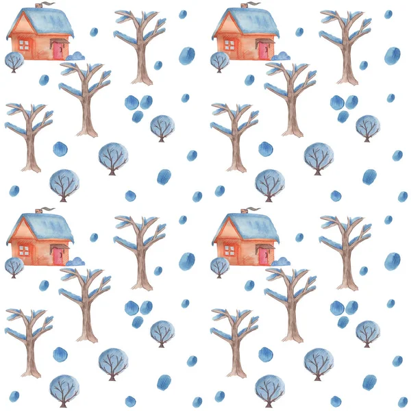 圣诞快乐 在雪中 房子里 有树木的节日图案的图解 海报或图案的绘画 — 图库照片