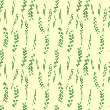 Orman ve bahçesiz desen, çiçekli arka plan. Yeşiller. Botanik illüstrasyon ıhlamur tohumu, gül kalçası, dereotu tohumu, koni tohumu, çam iğnesi, meşe palamudu, ayçiçeği tohumu, akasya kancası.