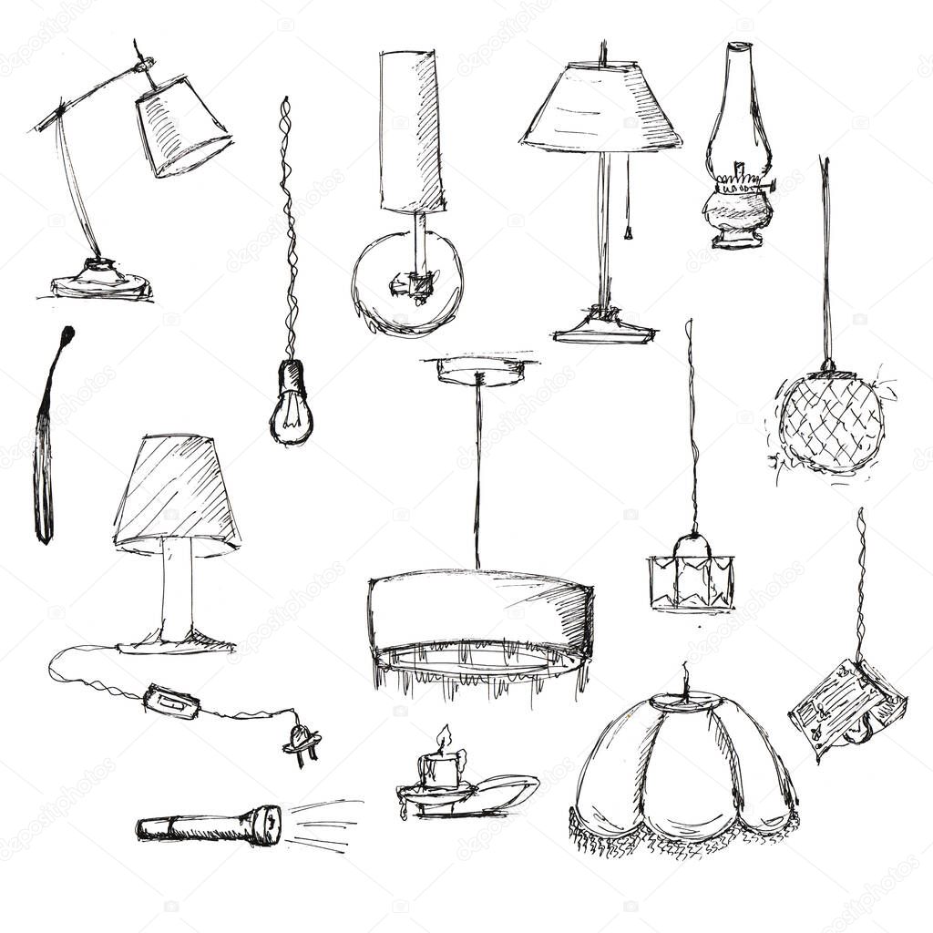 Set of doodle lamps. set of home lamps, floor lamps, chandeliers and table lamps patterned with lines and dots drawn in doodle style with black line on white background for label design,