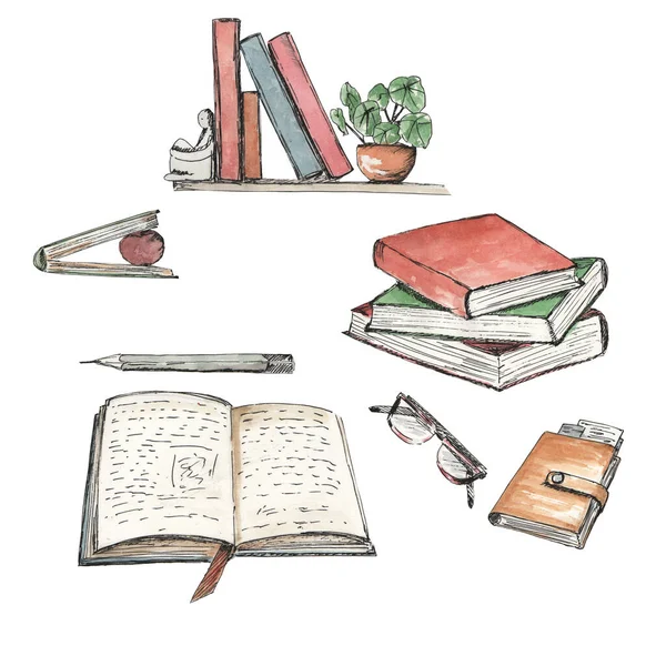 Stapel Boeken Geïsoleerd Wit Met Hand Tekenen Schets Illustratie — Stockfoto