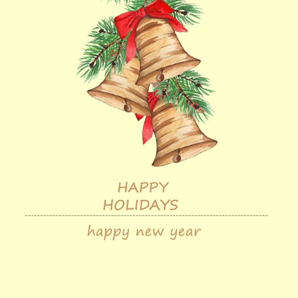 New Year Card 2022 Bells Spruce Branches Red Ribbon White — Stock Photo, Image