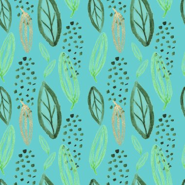Yapraklı suluboya deseni. Elle çizilmiş egzotik bitkilerle tekrar eden güzel bir iz. Mayo botanik tasarımı.