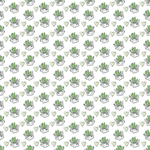 Seamless Pattern Watering Can Flowers White Background Cartoon Summer Colorful — 图库照片