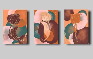 Yeşil, bej ve kahverengi lale desenli üç desen. Moda broşürü, kartpostal, broşür, sosyal medya postası tasarımı