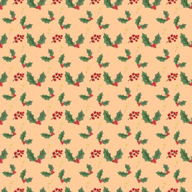 Suluboya çiçek süsü. Bir Noel ağacının dalları, yaprakları ve meyveleri. Ev tekstil ve ambalaj için sevimli desen