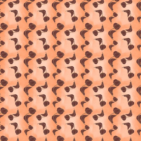 El çizimi lale deseni, arkaplan, kumaş, ambalaj kağıdı. Doğa düz bahar çiçek motifi Kahverengi ve mercan rengi.