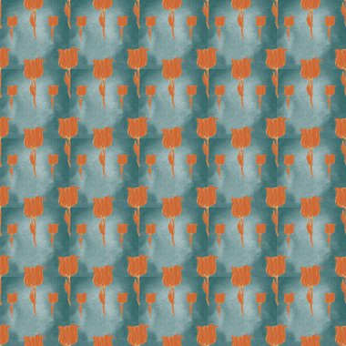 Drawing tulip seamless pattern for background, fabric, wrapping paper. Nature flat spring floral motif in green and coral colors