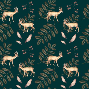Forest seamless pattern on a dark green background, botanical illustration of linden seeds, rowan leaves, roe deer, for pattern packaging, craft paper