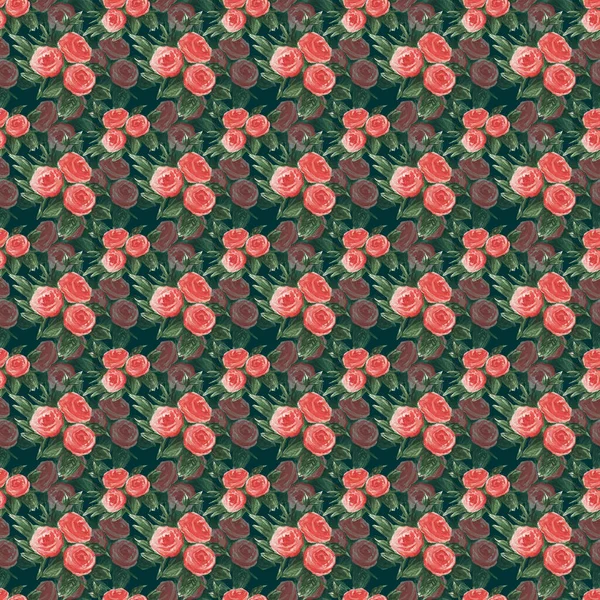 バラのパターン抽象的なバラの花のシームレスなパターンは、繊維印刷工場のための濃い緑の背景とデザイン上のすべて — ストック写真
