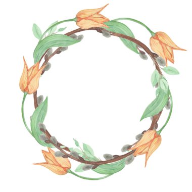 Round wreath with watercolor tulips and willow branch. illustration isolated on white. Floral frame ideal for floral design, greeting card, poster, wedding invitation