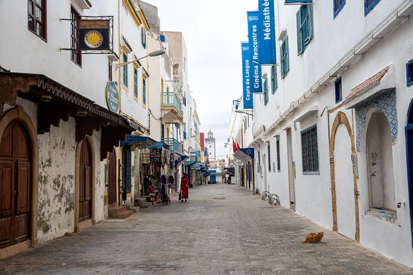 Λευκά Μπλε Δρομάκια Της Θαλάσσιας Πόλης Της Essaouira Μαρόκο — Φωτογραφία Αρχείου