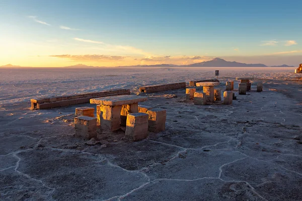 Salt Tables Benches Relaxation Incahuasi Cactus Island Salt Flat Desert — стокове фото