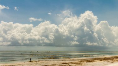 Büyük bulutlu mavi gökyüzü arka planı. Zanzibar adasında okyanus alçak gelgit..
