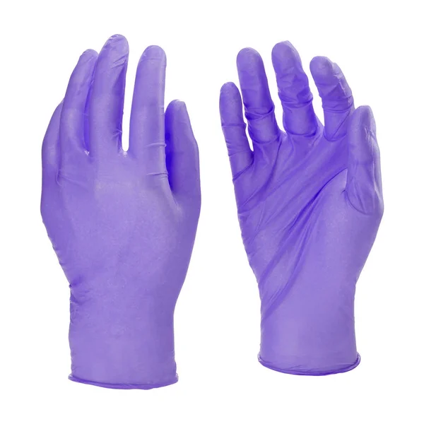 两只紫色胶乳医用手套，白色背景，没有手 — 图库照片
