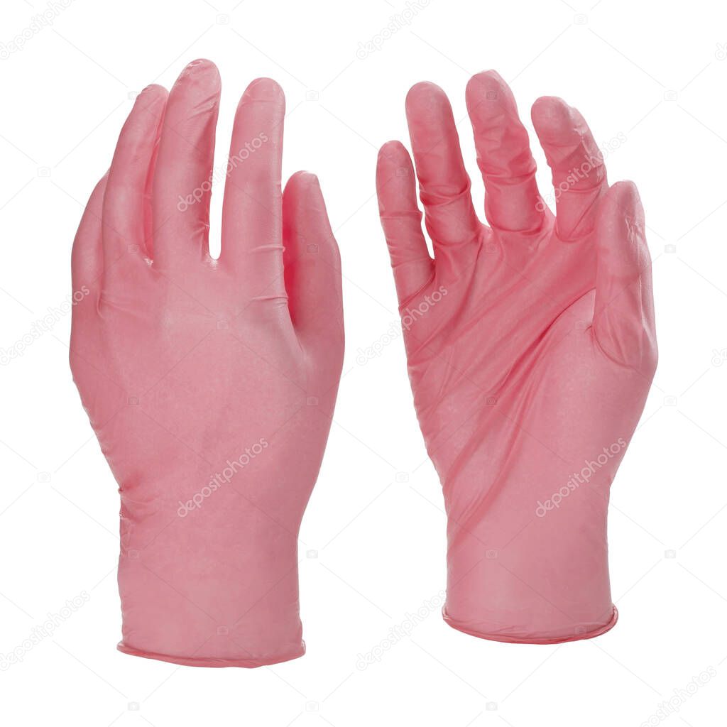 Two pink latex medical gloves isolated on white background with no hands