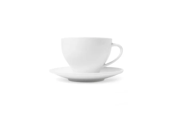 White cup and saucer isolated on white background. Ceramic coffee cup or tea mug and dish for drink close up. Mock up classic porcelain utensils — Stock Photo, Image