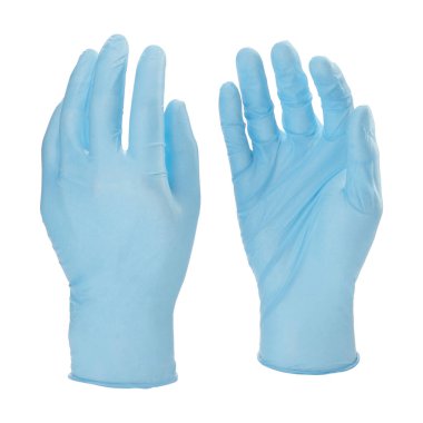Beyaz arka planda elleri olmayan iki mavi nitril tıbbi eldiven.