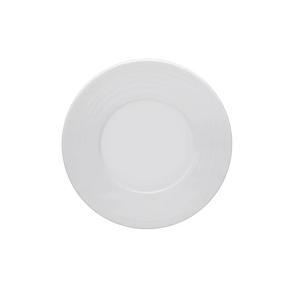 Placa branca isolada sobre fundo branco. Cozinha pratos para comida, cozinha, louça de porcelana. Elemento de design de utensílios de mesa. Vista superior — Fotografia de Stock