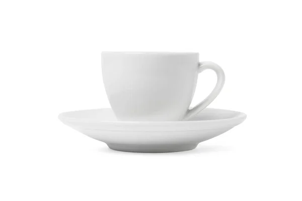 White cup and saucer isolated on white background. Ceramic coffee cup or tea mug and dish for drink close up. Mock up classic porcelain utensils — Stock Photo, Image