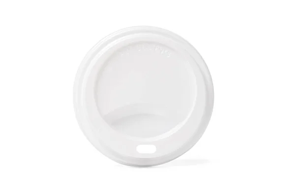 Plastic disposable top coffee cap lid isolated on white. Blank white disposable coffee cup lid mock up lying top view, 3d rendering. Empty drinking mug mock-up. Clear plain tea take away package — Foto Stock