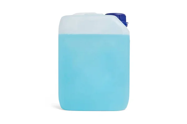 Can with non-freezing liquid, isolated on white. Blue antifreeze liquid for car in canister. Plastic bottle or gallon of hand gel, soap or hand sanitizer alcohol gel, coronavirus protection concept — Fotografia de Stock