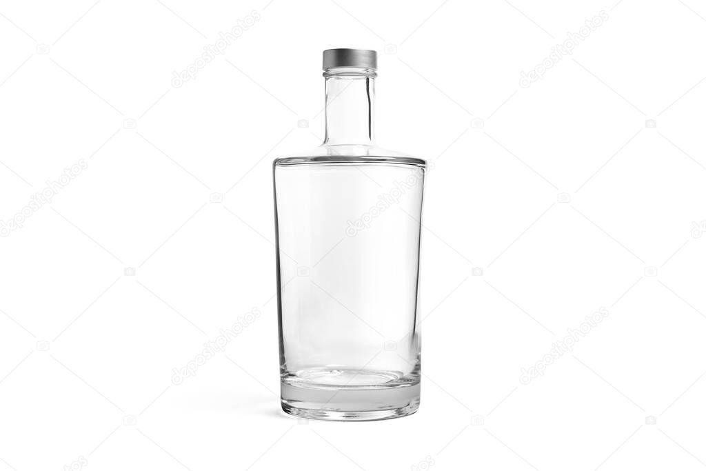 Empty glass carafe isolated on white background. Bottle side view with transparent liquid. Pitcher and glass cup with natural water. Empty jug or pitcher