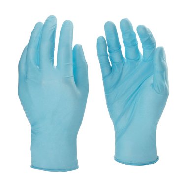 İki mavi lateks tıbbi eldiven, beyaz arka planda elleri olmadan izole edilmiş.