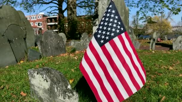 Boston Usa 2019Eine Amerikanische Flagge Auf Einem Friedhof — Stockvideo