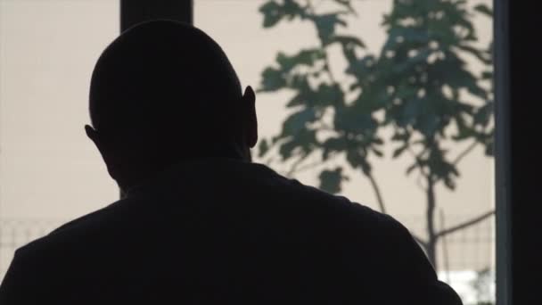 Silhouette Bald Man Working Font Window — Stock Video
