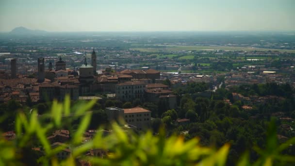 从上面看Bergamo的老城 前景一片树叶 — 图库视频影像