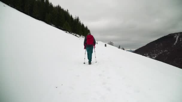 Uomo Anziano Camminare Montagna Sacco Neve — Video Stock