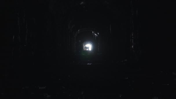 Mörk Tunnel Och Vissa Människor Långt Borta Går Den Ljuset — Stockvideo