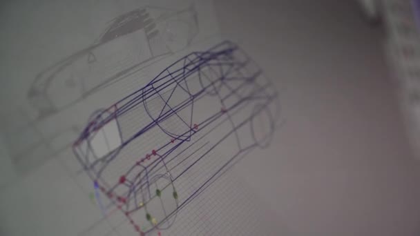 Zbliżenie Ekranu Komputera Projektem Samochodu Wczesnym Etapie Prac Nad Nim — Wideo stockowe