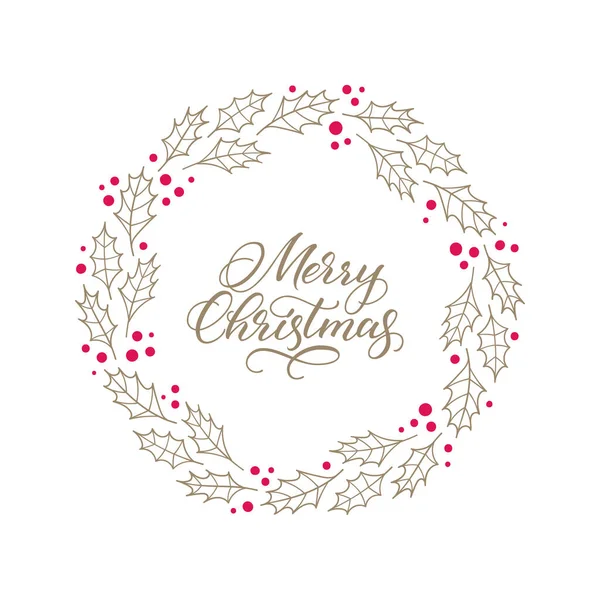 Χριστουγεννιάτικο Στεφάνι Μούρα Και Φύλλα Καλά Χριστούγεννα Διανυσματική Καλλιγραφία Απομονωμένα — Διανυσματικό Αρχείο