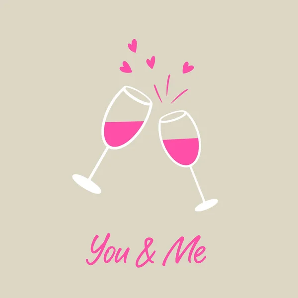 Menghubungkan Gelas Anggur Dengan Hati Anda Teks Valentine Day Love - Stok Vektor