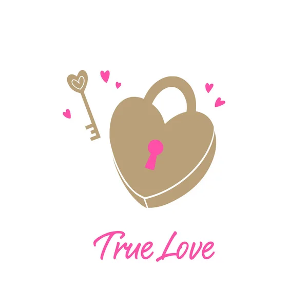 Ægte Kærlighedstekst Hjertedørslåse Med Nøgle Valentinsdag Kærlighedskort – Stock-vektor