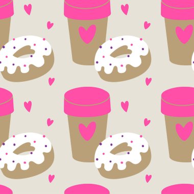 Kahve fincanları, çörekler ve kalplerle dolu bir fırın. Sevgililer Günü kusursuz desen. 