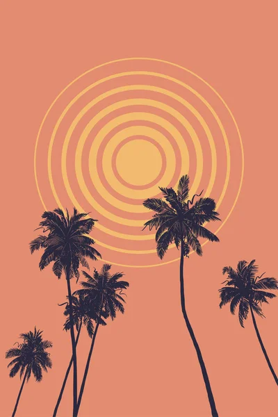 Boho暖かい色のヴィンテージ熱帯ポスター 幾何学的な抽象的な太陽とスケッチヤシの木のシルエットの描画 — ストックベクタ