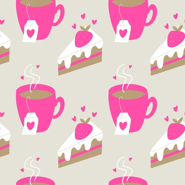 Fondo Sin Costuras Con Tazas Trozos Pastel Fresa Fondo Del — Vector de stock