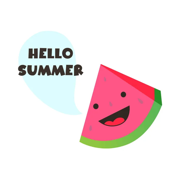 有一张滑稽的脸的西瓜片的可爱的插图 带Hello Summer文字的语音泡沫 — 图库矢量图片