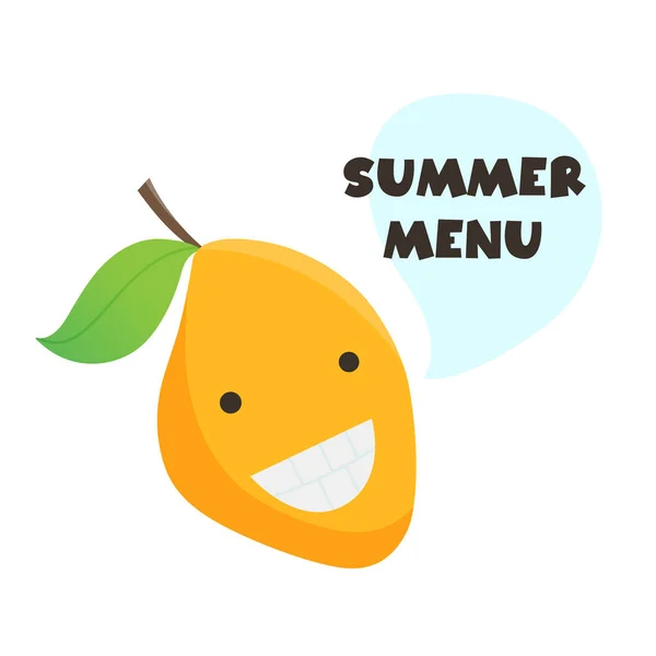 Leuke Illustratie Van Mango Met Grappig Gezicht Spraakbel Met Summer — Stockvector