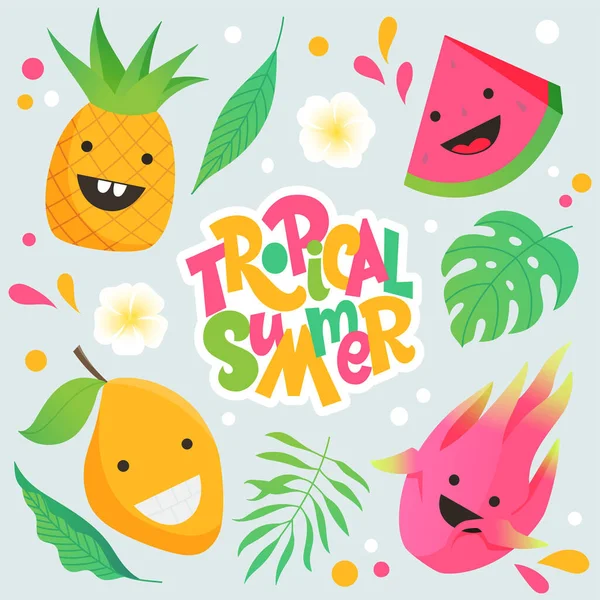 Bonito Desenho Animado Frutas Ilustração Elementos Tropicais Verão — Vetor de Stock