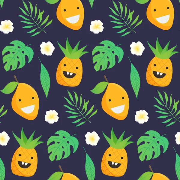 Patrón Frutas Tropicales Sin Costuras Linda Piña Mango Con Hojas — Vector de stock