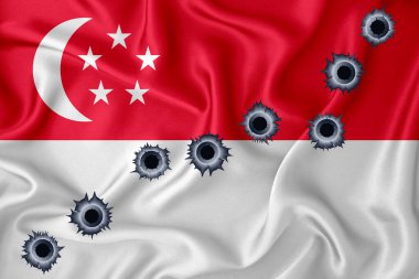 Singapore flag Close-up shot on waving background texture with bullet holes. The concept of design solutions. 3d rendering