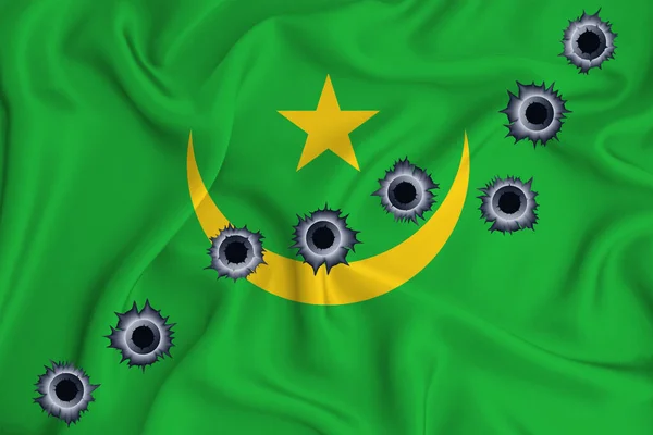 Mauritania Flag Close Shot Waving Background Texture Bullet Holes Concept — Stock Fotó