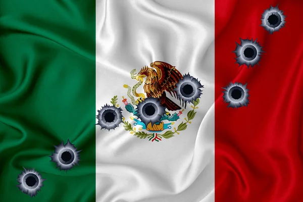 Mexico Flag Close Shot Waving Background Texture Bullet Holes Concept — 스톡 사진