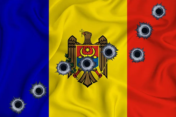 Moldova Flag Close Shot Waving Background Texture Bullet Holes Concept — Stok fotoğraf