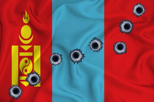 Mongolia Flag Close Shot Waving Background Texture Bullet Holes Concept — Zdjęcie stockowe